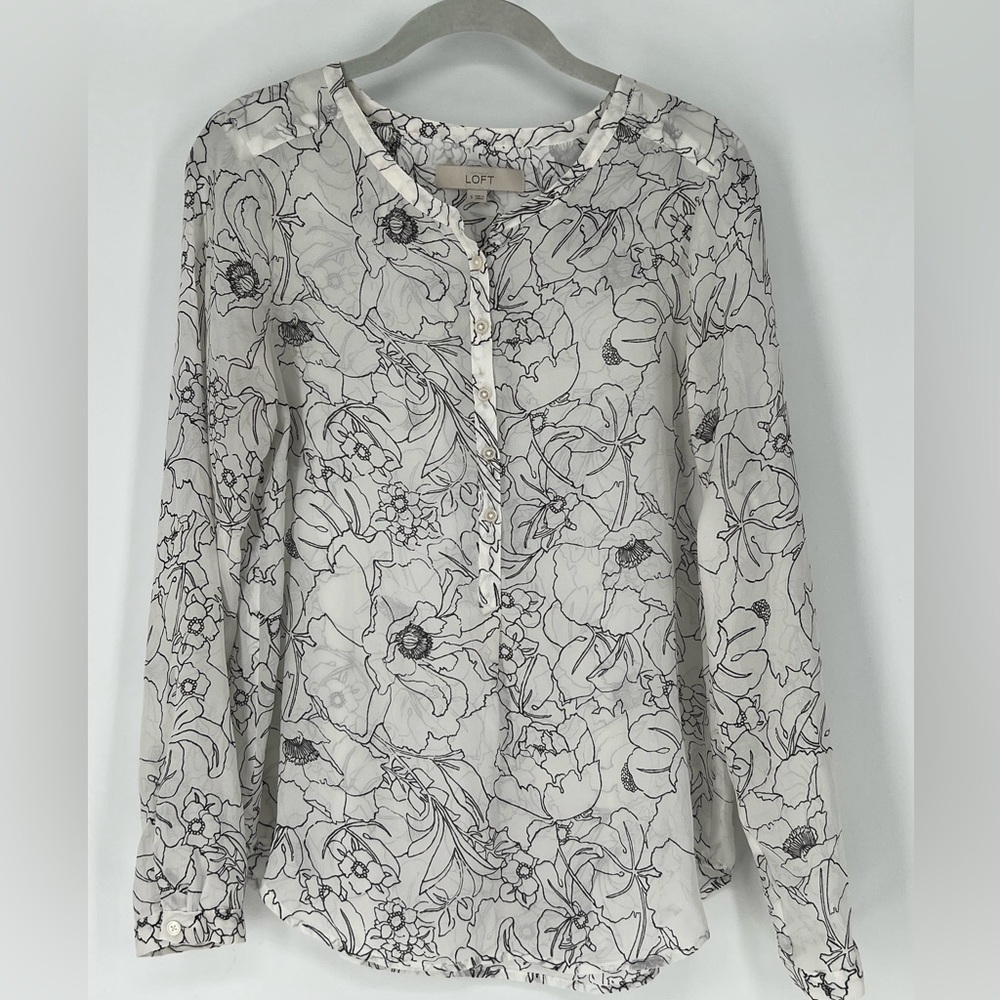 LOFT SHEAR‎ WHITE BLOUSE WITH BLACK BLOWERS SOFT FEMININE LIGHT